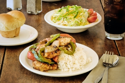 chicken stir fry with white rice and a salad