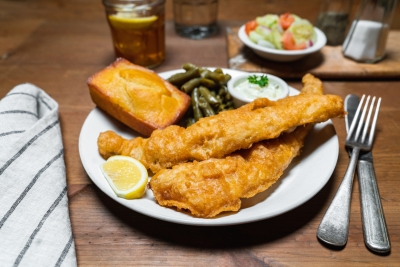 fried white fish with green beans and corn bread