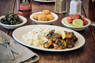 cajun shrimp with cucumber salad and turnips